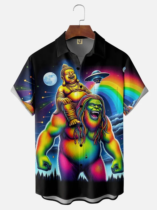 Hardaddy Moisture-wicking Rainbow Hippie Bigfoot Chest Pocket Hawaiian Shirt