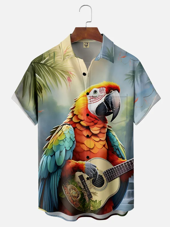 Moisture-wicking Tropical Parrots Chest Pocket Hawaiian Shirt