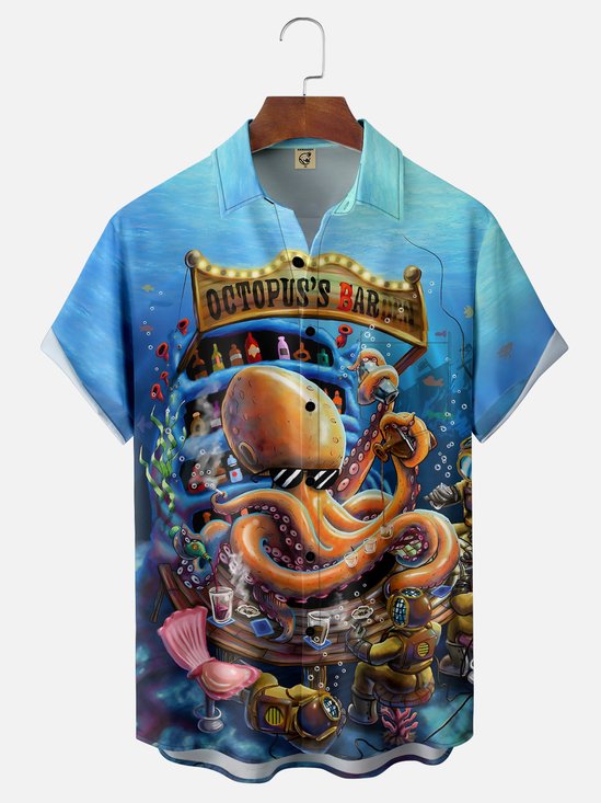 Moisture-wicking Gradient Octopus Astronaut Chest Pocket Hawaiian Shirt