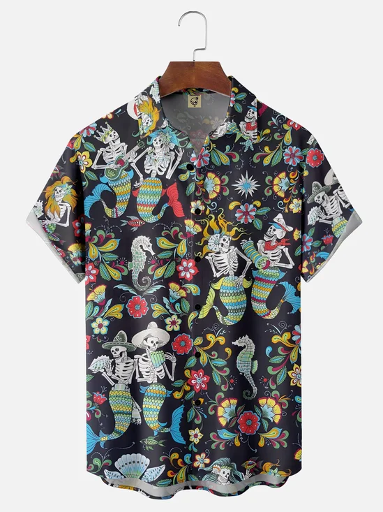 Moisture-wicking Mermaid Skull Chest Pocket Hawaiian Shirt