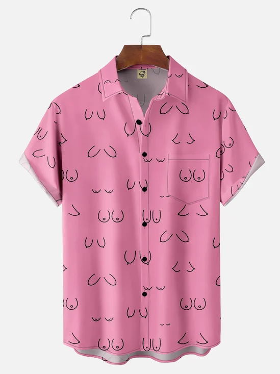 Hardaddy Moisture-wicking Abstract Line Drawing Chest Pocket Hawaiian Pink Boob Shirt For Men