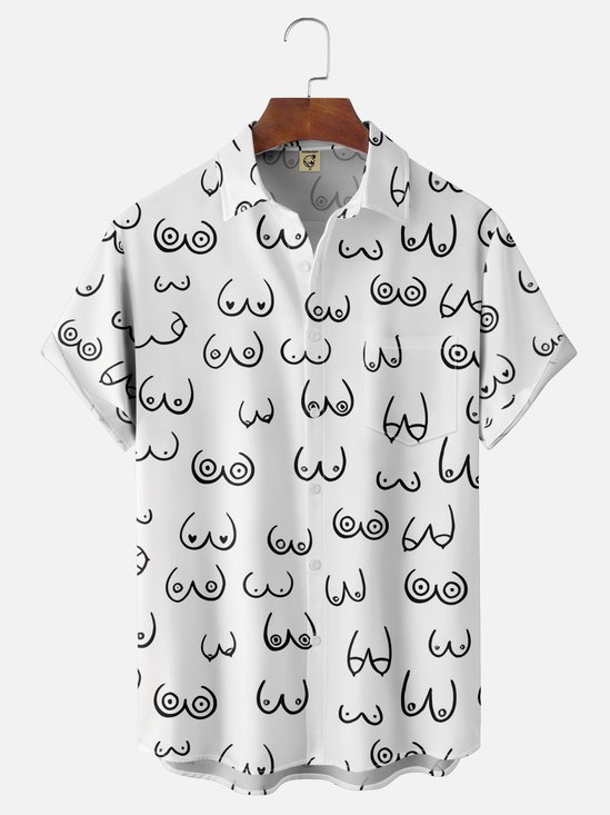 Hardaddy Moisture-wicking Art Abstract Line Drawing Chest Pocket Hawaiian Titty Shirt