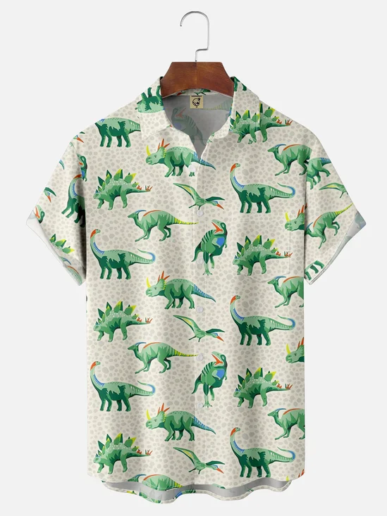Hardaddy Dinosaurs Pattern Breathable Chest Pocket Hawaiian Shirt