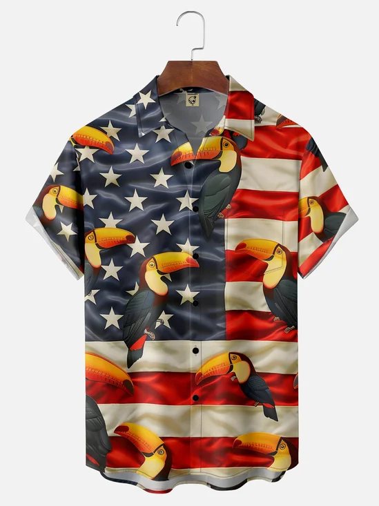 Hardaddy American Flag Toucan Chest Pocket Breathable Casual Shirt