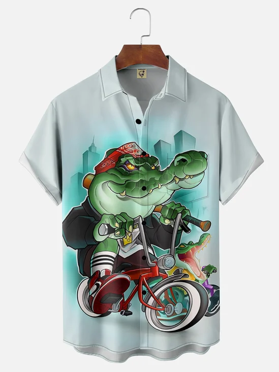 Father's Day Super Crocodile Papa Breathable Chest Pocket Hawaiian Shirt