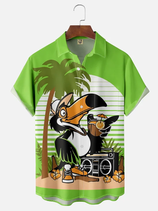 Hardaddy Moisture-wicking Breathable Palm Tree Toucan Parrot Chest Pocket Hawaiian Shirt