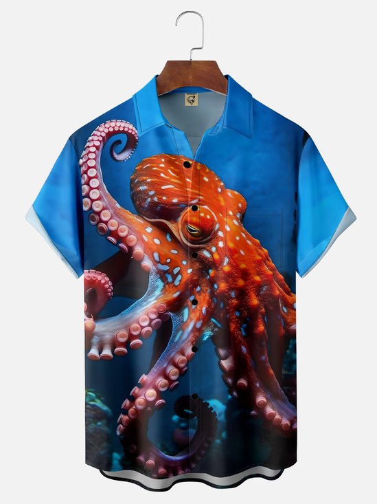 Marine Life Octopus Moisture-wicking Chest Pocket Hawaiian Shirt