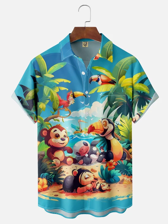 Hardaddy Cartoon Tropical Animals Toucan Monkey Breathable Chest Pocket Hawaiian Shirt