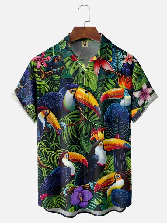 Hardaddy Moisture-wicking Tropical Toucan Parrot Chest Pocket Hawaiian Shirt
