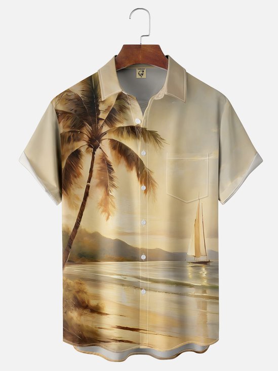 Hardaddy Moisture-wicking Beach Coconut Tree Chest Pocket Hawaiian Shirt