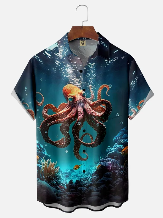 Hardaddy Marine Life Octopus Moisture-wicking Chest Pocket Hawaiian Shirt
