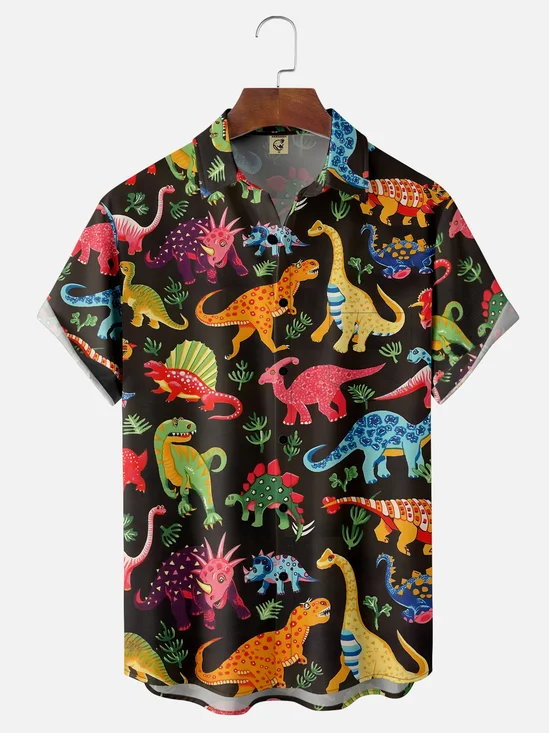 Hardaddy Moisture-wicking Dinosaur Chest Pocket Hawaiian Shirt