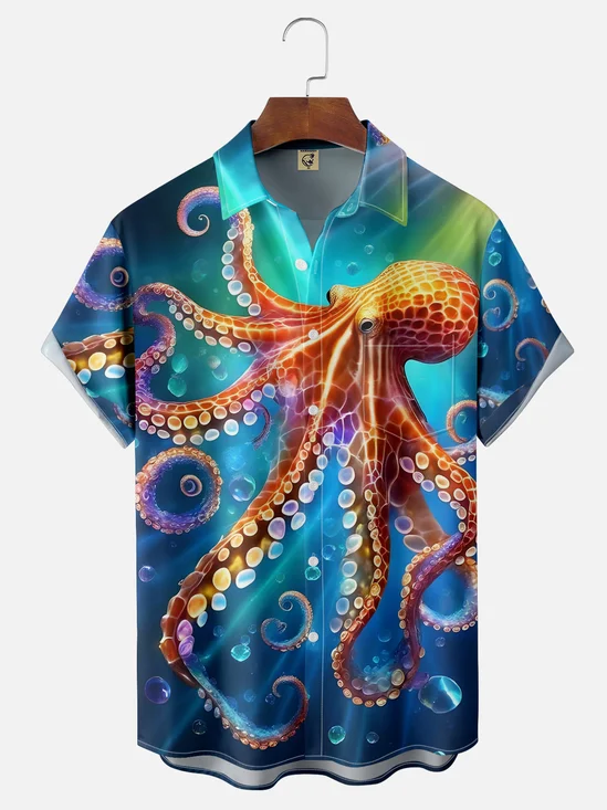 Marine Life Octopus Moisture-wicking Chest Pocket Hawaiian Shirt