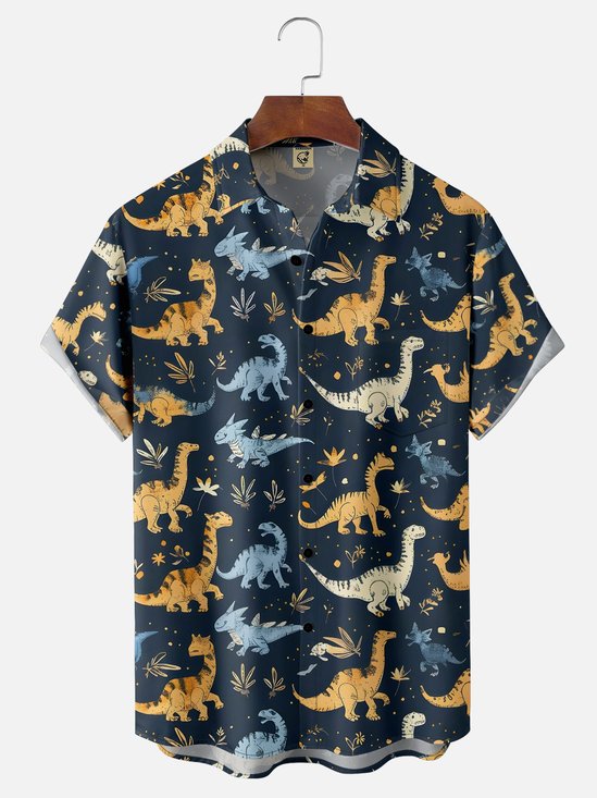 Moisture-wicking Breathable Dinosaur Chest Pocket Hawaiian Shirt