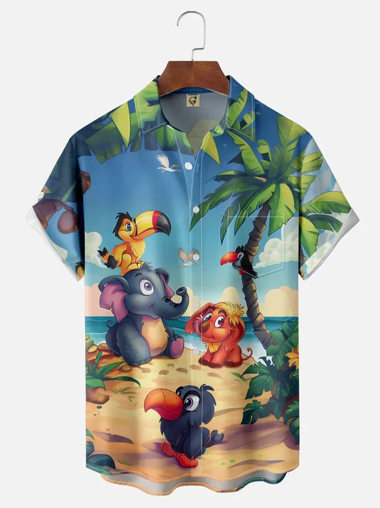 Hardaddy Cartoon Tropical Animals Toucan Breathable Chest Pocket Hawaiian Shirt