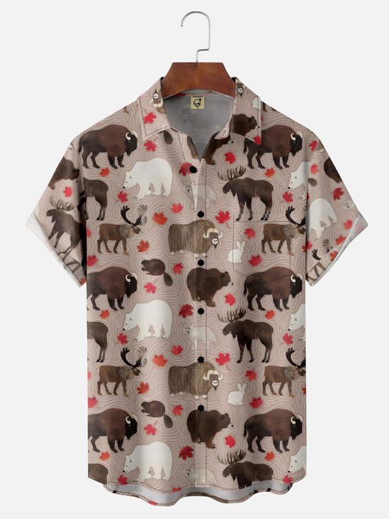 Hardaddy Moisture-wicking Canada Day Animal Maple Leaf Chest Pocket Hawaiian Shirt