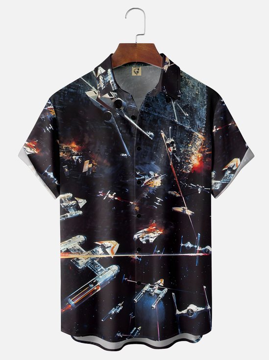 Moisture-wicking Space Battle Ship Chest Pocket Hawaiian Shirt