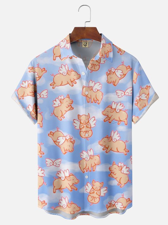 Moisture-wicking Fun Wings Pig Chest Pocket Hawaiian Shirt
