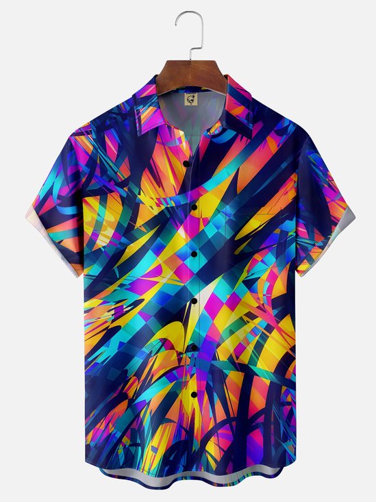 Moisture-wicking Abstract Gradient Geometric Chest Pocket Hawaiian Shirt