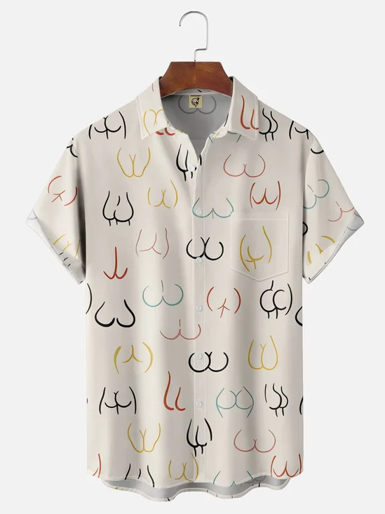 Moisture-wicking Abstract Line Drawing Chest Pocket Hawaiian Shirt