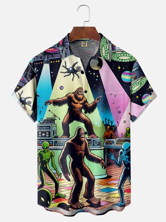 Hardaddy Moisture-wicking Universe Alien Bigfoot Chest Pocket Hawaiian Shirt