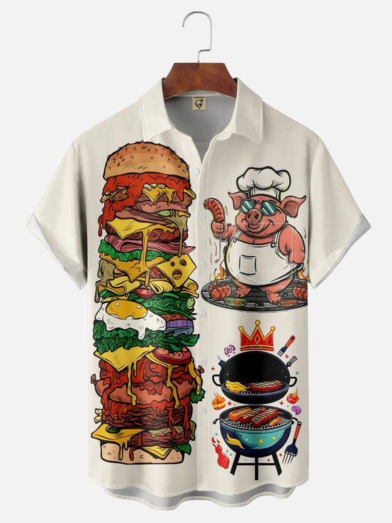 Moisture-wicking Fun BBQ Pig Chest Pocket Hawaiian Shirt