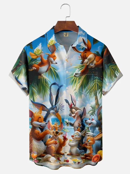 Hardaddy Hawaiian Cartoon Animals Chest Pocket Shirt