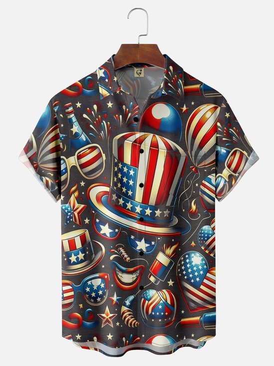 Moisture-wicking Abstract American Flag Fireworks Top Hat Chest Pocket Hawaiian Shirt