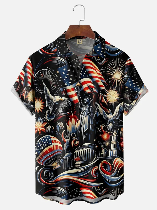 Moisture-wicking Abstract American Flag Fireworks Eagle Statue of Liberty Chest Pocket Hawaiian Shirt