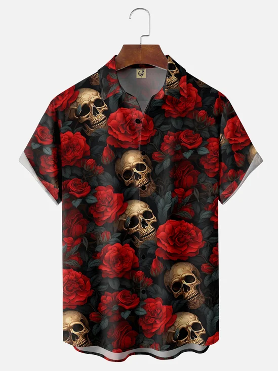 Hardaddy Moisture-wicking Rock Music Skull Drop Rose Chest Pocket Hawaiian Shirt
