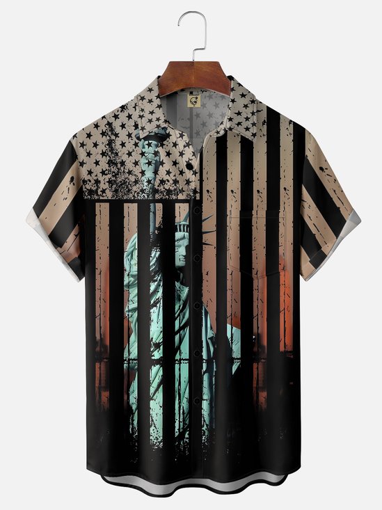 Hardaddy Moisture-wicking Abstract American Flag Lady Liberty Chest Pocket Hawaiian Shirt