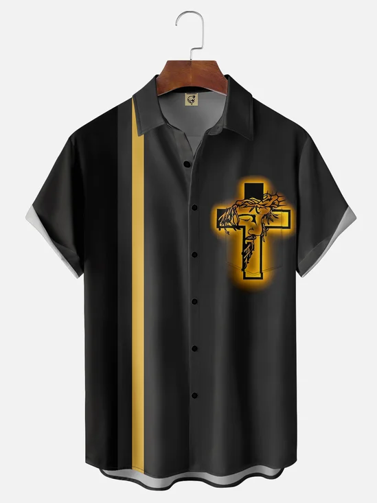 Moisture-Wicking Cross Print Bowling Shirt