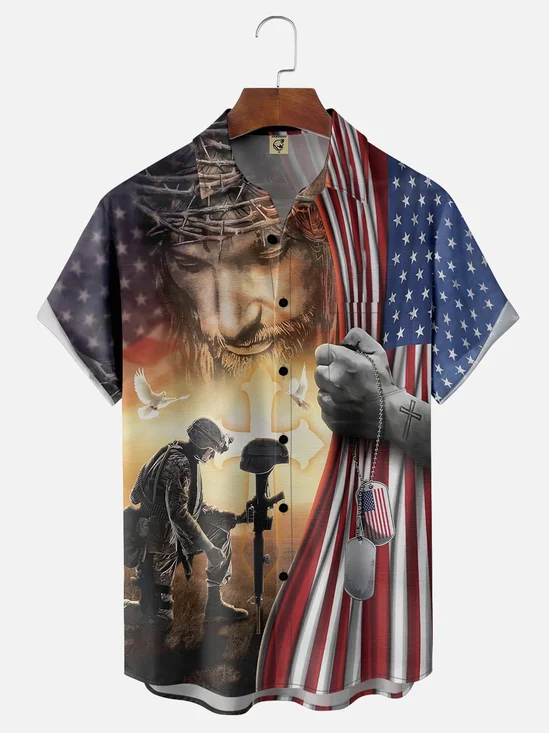 Moisture-wicking American Flag Cross Print Shirt