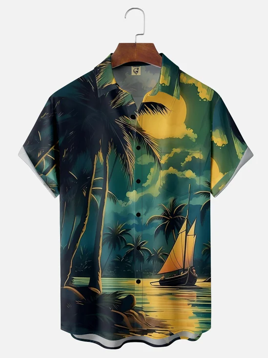 Palm Tree Breathable Wicking Chest Pocket Hawaiian Shirt