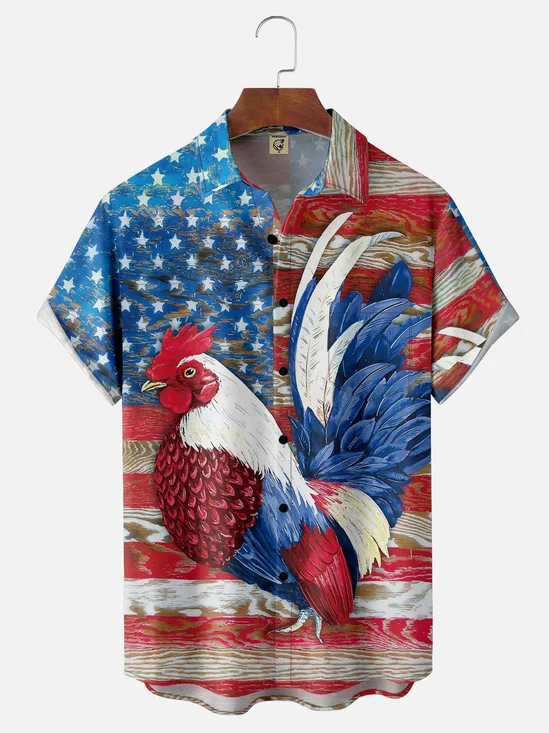 Hardaddy Men's Flag and Rooster Print Casual Breathable Hawaiian Short Sleeve Shirt