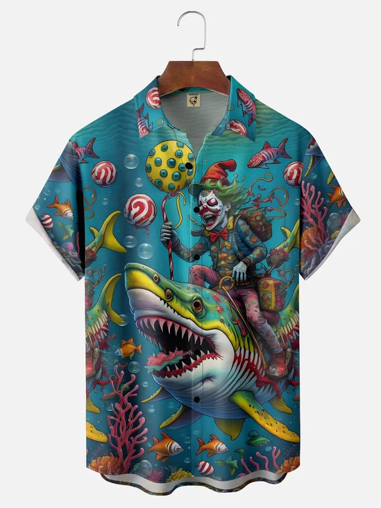 Moisture-wicking Shark Clown Chest Pocket Hawaiian Shirt