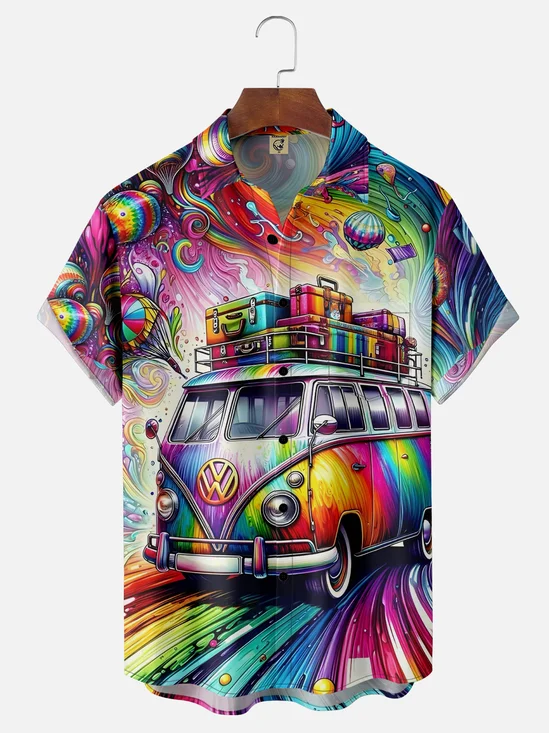 Moisture-wicking Hippie Love and Peace Car Chest Pocket Hawaiian Shirt