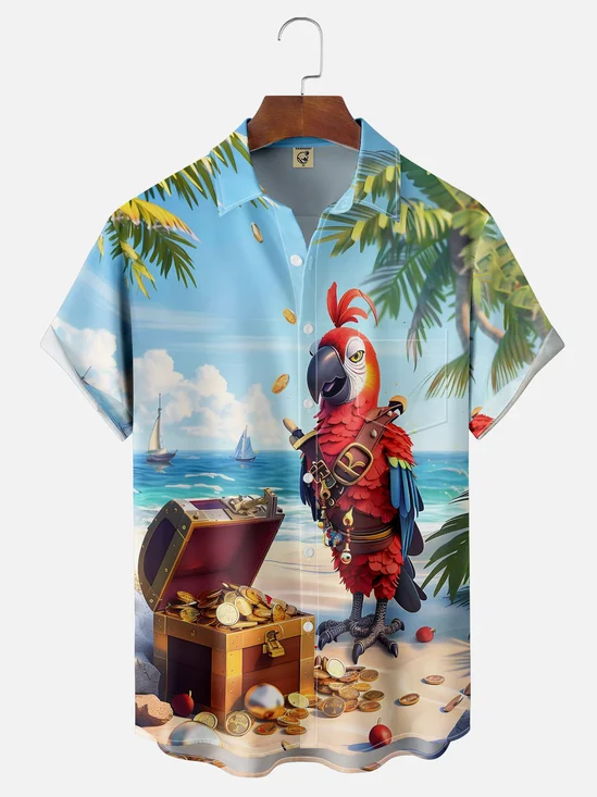 Moisture-Wicking Pirate Treasure Parrot Hawaiian Shirt