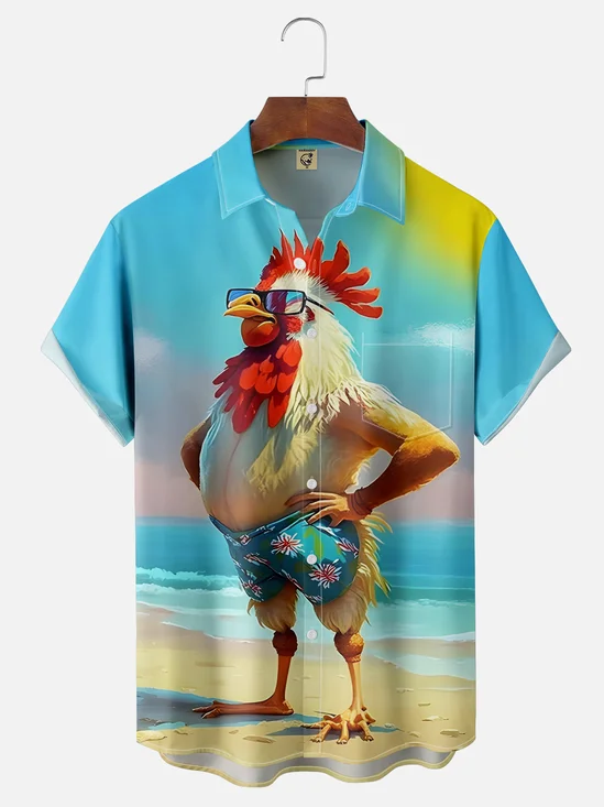 Moisture-wicking Ombre Beach Chicken Chest Pocket Hawaiian Shirt