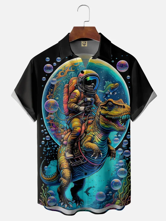 Moisture-wicking Astronaut Dinosaur Chest Pocket Hawaiian Shirt