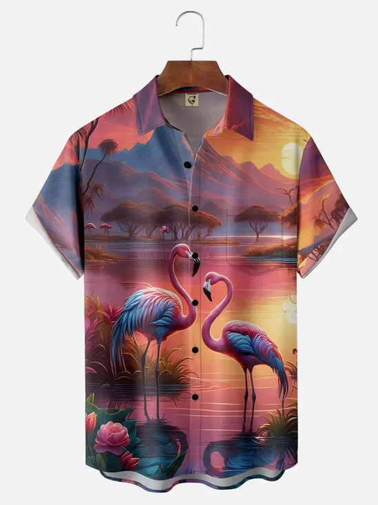 Moisture-wicking Sunset Scene Flamingo Chest Pocket Hawaiian Shirt