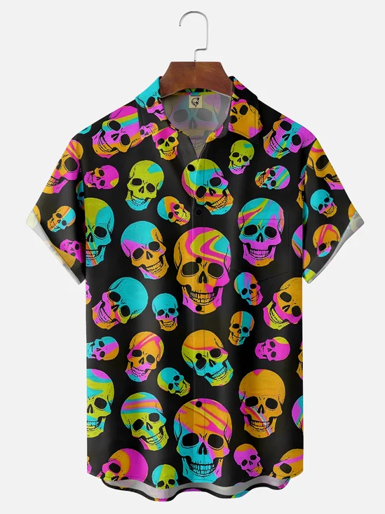 Moisture-wicking Rock Punk Skeleton Chest Pocket Hawaiian Shirt