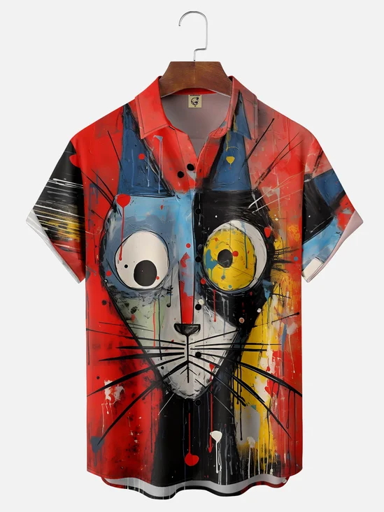 Moisture-wicking Cat Illustration Chest Pocket Hawaiian Shirt