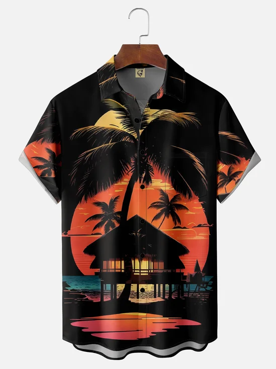 Moisture-wicking Beach Sunset Chest Pocket Hawaiian Shirt