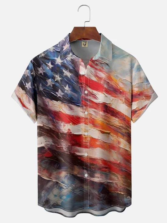 Moisture-wicking Flag Painting Chest Pocket Hawaiian Shirt