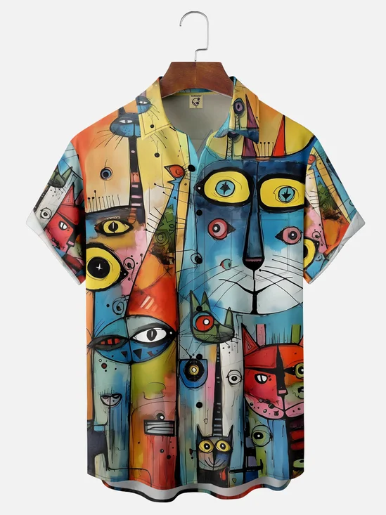 Moisture-wicking Cats Illustration Chest Pocket Hawaiian Shirt
