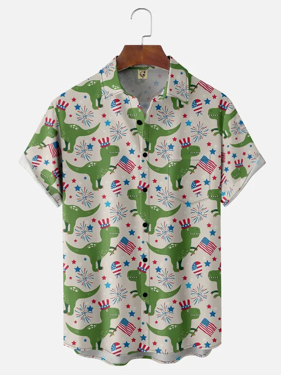 Moisture-wicking Memorial Day Dinosaur Chest Pocket Hawaiian Shirt