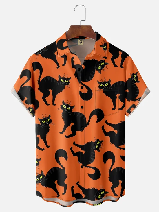 Moisture-wicking Cartoon Cat Chest Pocket Hawaiian Shirt