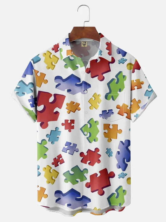 Moisture-wicking Art Puzzle Chest Pocket Hawaiian Shirt
