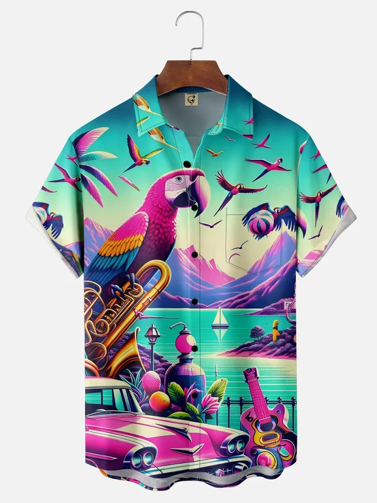 Moisture-wicking Tropical Parrot Chest Pocket Hawaiian Shirt